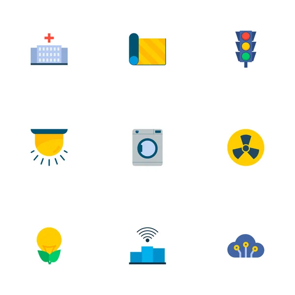 Akıllı şehir simgeler düz stil sembolleri bulut kodu, eko enerji, ışık trafik ve web mobil app logo tasarımı için diğer simgeler kümesi.