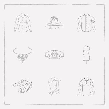 Giysi simgeler kümesi stili sembolleri terziler kukla ile satır uzunluğu kollu, uzun kollu gömlek ve diğer simgeler web mobil app logo tasarımı için.