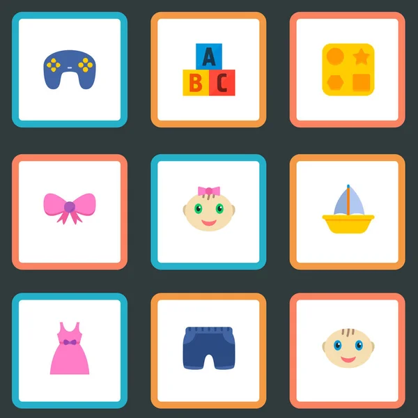 Set de pictograme pentru copii simboluri în stil plat cu băiețel, rochie pentru copii, fetiță și alte pictograme pentru designul logo-ului aplicației mobile web . — Vector de stoc