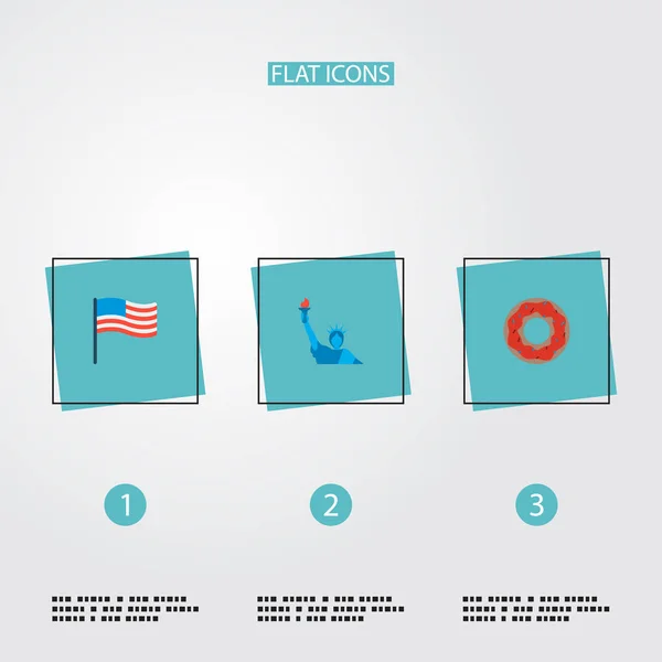 Set von Amerika-Symbolen flache Stil-Symbole mit Freiheitsstatue, Flagge, Donut und anderen Symbolen für Ihr Web-App-Logo-Design. — Stockvektor