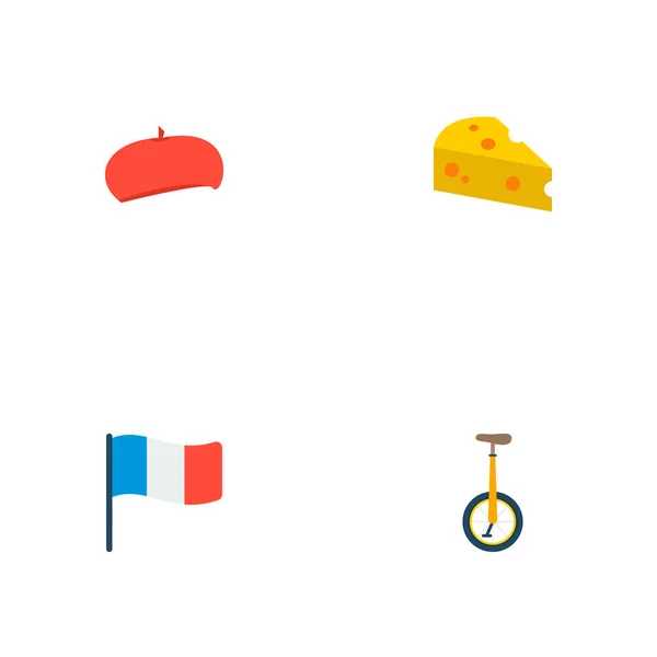 Zestaw Symboli Płaski Ikony Kraju Francji Monocycle Beret Inne Ikony — Wektor stockowy