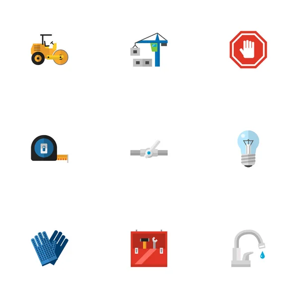 一套建筑图标平面风格符号与工作手套, 水龙头, 灯光和其他图标为您的网络移动应用程序徽标设计. — 图库照片
