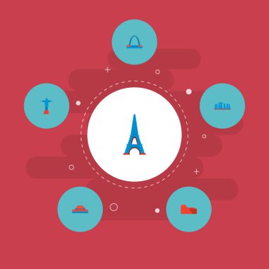 İsa ile ünlü simgeler düz stil sembollerin kurtarıcı, gateway arch, stonehenge ve diğer simgeler web mobil app logo tasarımı için ayarla.