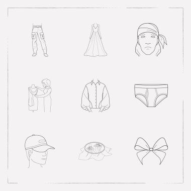 Giysi simgeler çizgi stili sembolleri oyaların, kot, Schneider ve diğer simgeler web mobil app logo tasarımı için kümesi.