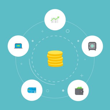 Set simgeleri düz stil sembollerle kasa, ilerleme grafik, kredi kartı ve diğer simgeler web mobil app logo tasarımı için bankacılık.