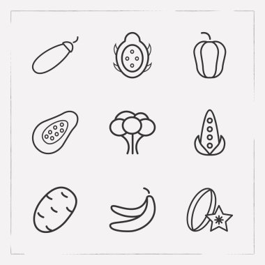 Meyve simgeler çizgi stili sembolleri papaya, kabak, biber ve diğer simgeler web mobil app logo tasarımı için kümesi.