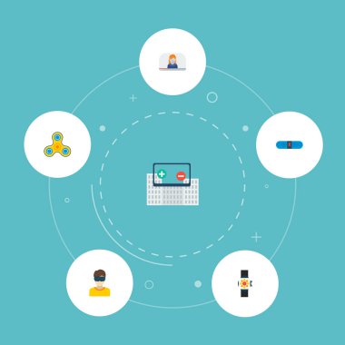 Modern simgeler düz stil sembollerle spinner, hoparlör, akıllı izlemek ve web mobil app logo tasarımı için diğer simgeler kümesi.