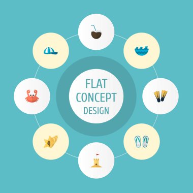 Dizi sezon simgeler düz stil sembolleri Hindistan cevizi içkiyle, kum, flip flop simgeler web mobil app logo tasarımı için.