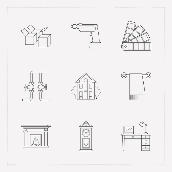 Conjunto de iconos de decoración símbolos de estilo de línea con muestra de color, reloj de pared, taladro y otros iconos para el diseño del logotipo de su aplicación móvil web . — Foto de Stock