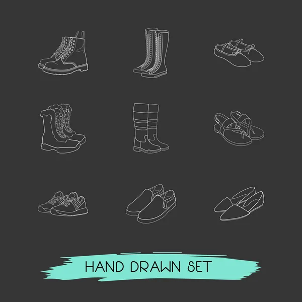 Set of footwear icons line style symbols with insulated boots, ballet shoes, trainer shoes and other icons for your web mobile app logo design.