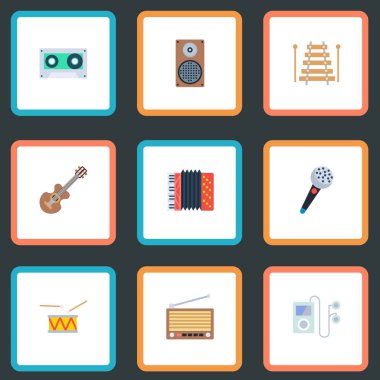 Melodi simgeler düz stil sembolleri ksilofon, davul, kaset ve web mobil app logo tasarımı için diğer simgeler kümesi.