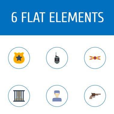 Hapishane, mahkum, radyo ve diğer simgeler web mobil app logo tasarımı için suç simgeler düz stil sembollerle kümesi.