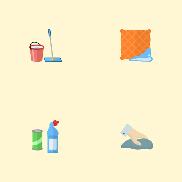 Takarító ikonok lapos stílusú szimbólumok tiszta ruhával, törlőkendők, vesszőseprű kosárral és más ikonok a webes mozgatható app logo tervezés. — Stock Vector