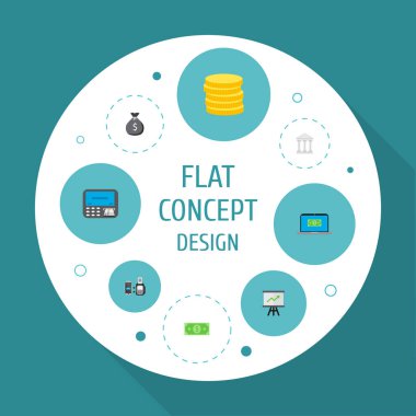 İstatistikler, dizüstü bilgisayar, vezne makinesi ve diğer simgeler web mobil app logo tasarımı için finans simgeler düz stil sembollerle kümesi.
