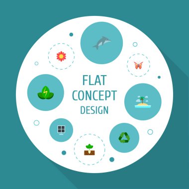 Bitki, çiçek, güneş paneli ve diğer simgeler web mobil app logo tasarımı için doğa simgeler düz stil sembollerle kümesi.