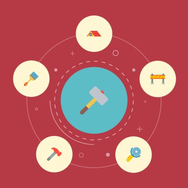 Elektrikli testere, çatı, tuğla çekiç ve diğer simgeler web mobil app logo tasarımı için inşaat simgeler düz stil sembollerle kümesi.