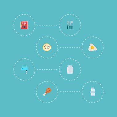 Mikser, sahanda yumurta, yemek tarifi kitabı ve diğer simgeler web mobil app logo tasarımı için mutfak simgeler düz stil sembollerle kümesi.