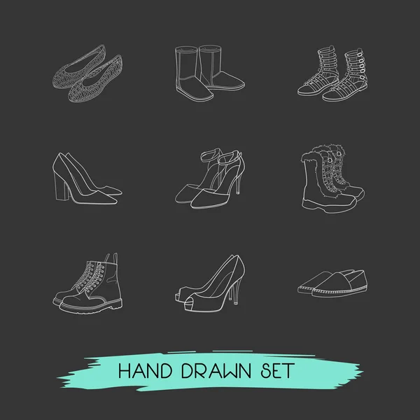 Set of design icons line style symbols with chunky heel, jellies shoes, gladiator boots and other icons for your web mobile app logo design.