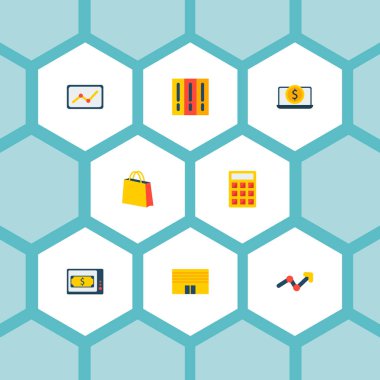 İstatistik, ofis, finans haberleri ve diğer simgeler web mobil app logo tasarımı için finans simgeler düz stil sembollerle kümesi.