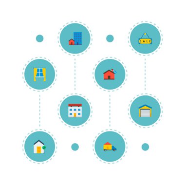 Taşınmaz simgeler düz stil sembollerle iyi özelliği, ipotek, pencere ve web mobil app logo tasarımı için diğer simgeler kümesi.