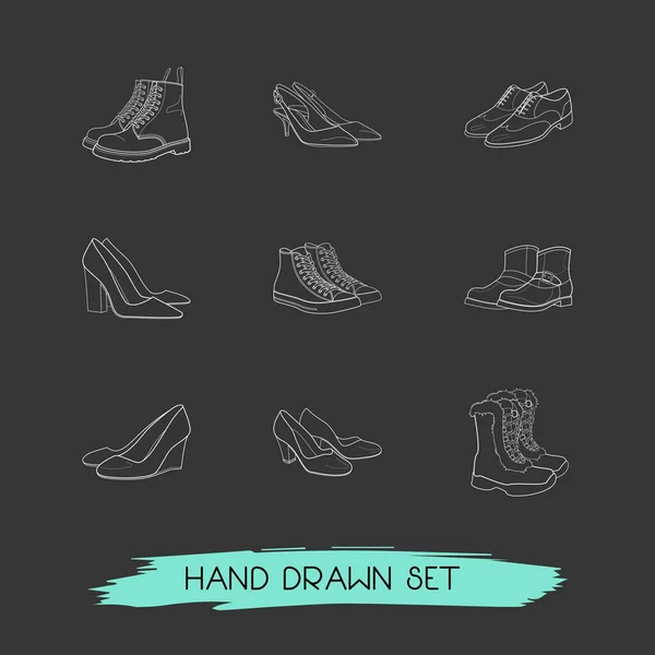 Set of shoe types icons line style symbols with pump shoes, slingbacks, wedge heel and other icons for your web mobile app logo design.