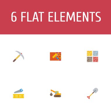 Marangozluk çalışmaları, kürek, zemin ahşap türleri ve diğer simgeler web mobil app logo tasarımı için sanayi simgeleri düz stil sembollerle kümesi.