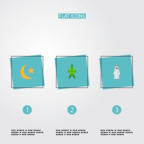 Zestaw Symboli Płaski Ikony Religii Ketupat Muzułmańskich Mężczyzn Ramadan Księżyca — Wektor stockowy