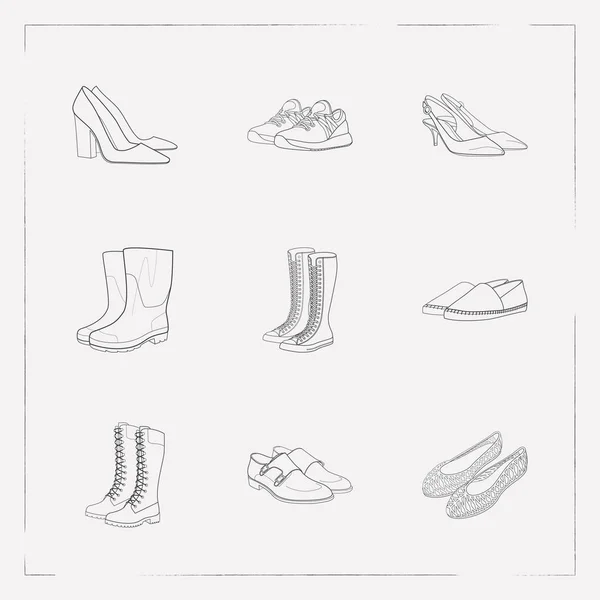 Conjunto de iconos de diseño símbolos de estilo de línea con zapatos de alpargata, botas de goma, zapatos de entrenador y otros iconos para el diseño del logotipo de su aplicación móvil web . — Vector de stock