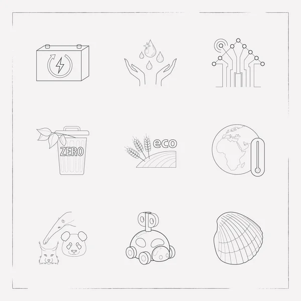 Conjunto de iconos de ecología símbolos de estilo de línea con cero residuos, batería recargable, animales raros y otros iconos para el diseño del logotipo de su aplicación móvil web . — Vector de stock