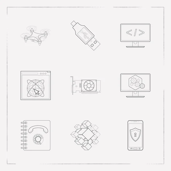 Набір символів стилю електронних піктограм з мобільною безпекою, відеокартою, безпілотником та іншими піктограмами для дизайну логотипу вашого мобільного додатку . — стоковий вектор