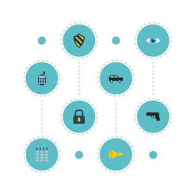 Silah, suv, koruma ve diğer simgeler web mobil app logo tasarımı için güvenlik simgeleri düz stil sembollerle kümesi.