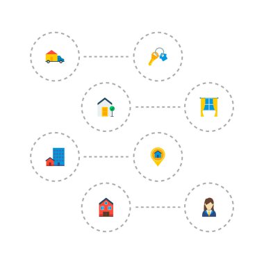 Taşınmaz simgeler düz stil sembolleri ile ev, seçenekleri, iyi özellik ve web mobil app logo tasarımı için diğer simgeler kümesi.