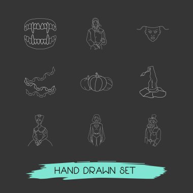 Cadı şapka, kızgın maskesi, kabak ve diğer simgeler web mobil app logo tasarımı için halloween simgeler çizgi stili kümesi simgeleri.