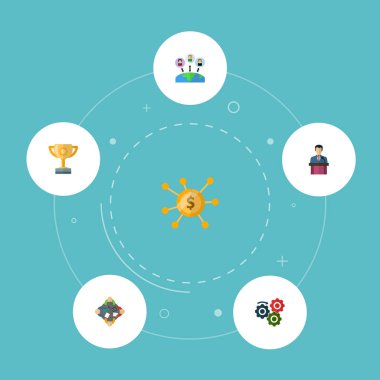 Toplantı, iş akışı süreci, motivasyon ve diğer simgeler web mobil app logo tasarımı için fikir simgeler düz stil sembollerle kümesi.