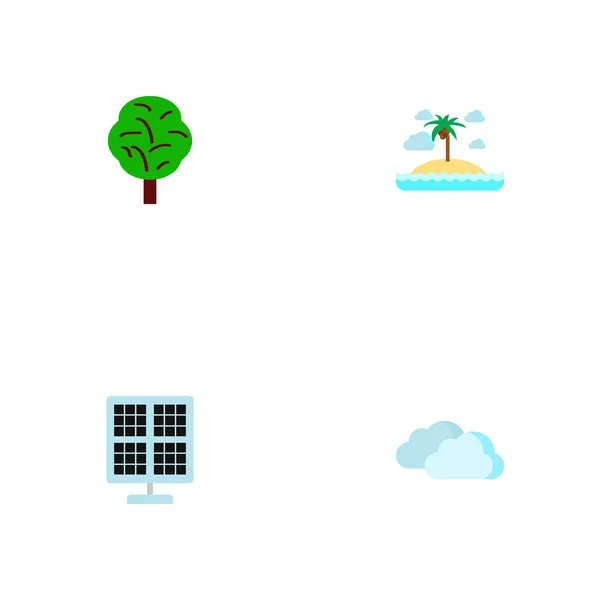 Zestaw Eko Ikon Symboli Płaski Panel Słoneczny Wyspa Drzewo Ikony — Zdjęcie stockowe