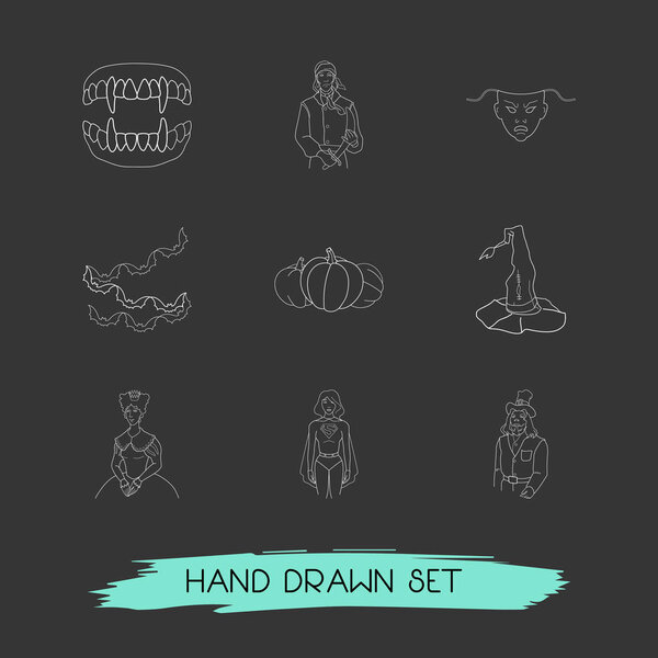 Набор иконок в стиле линии Хэллоуина со шляпой ведьмы, гневной маской, тыквой и другими иконками для дизайна логотипа вашего мобильного веб-приложения
.