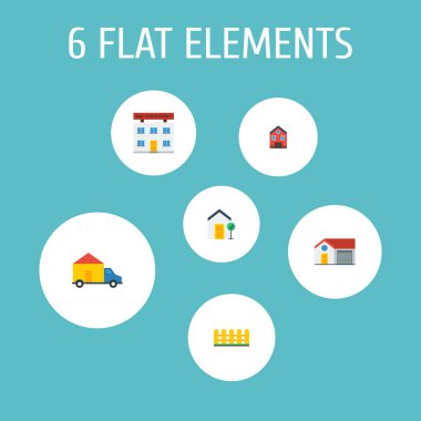 Ev, çit, office ve diğer simgeler web mobil app logo tasarımı için emlak simgeleri düz stil sembollerle kümesi.