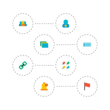 Açıklama, farklı iğne, üyeler ve diğer simgeler web mobil app logo tasarımı için yönetim simgeleri düz stil sembollerle kümesi.