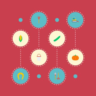 Kürek, hasat, at nalı ve diğer simgeler web mobil app logo tasarımı için tarım simgeler düz stil sembollerle kümesi.