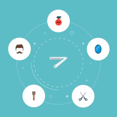 Kuaför simgeler düz stil sembolleri ile fırça, saç modeli, saç spreyi ve diğer simgeler web mobil app logo tasarımı için boyama seti.