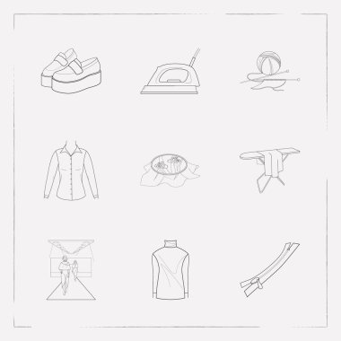 Dizi kıyafetleri simgeler çizgi stili sembolleri demir, uzun kollu gömlek, yüksek önyargı rulo ve diğer simgeler web mobil app logo tasarımı için.