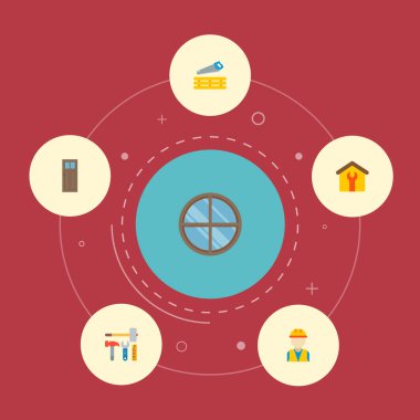 Kapı, inşaat araçları, ev yapımı ve diğer simgeler web mobil app logo tasarımı için sanayi simgeleri düz stil sembollerle kümesi.