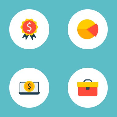 Finansal simgeler düz stil sembollerle finansal ödül, evrak çantası, pasta grafik ve web mobil app logo tasarımı için diğer simgeler kümesi.