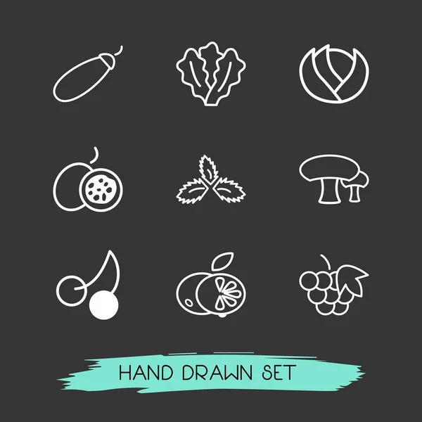 Set of dessert icons line style symbols with blackberry, mushroom, zucchini and other icons for your web mobile app logo design.