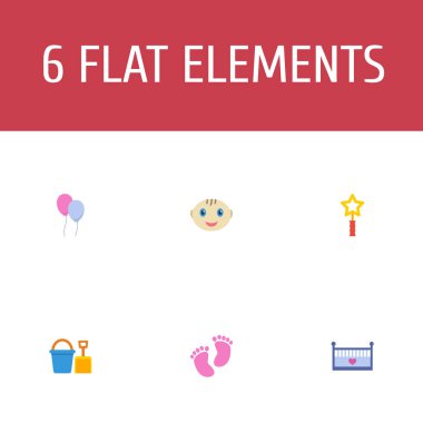 Balon, kova, sihirli değnek ikonlar web mobil app logo tasarımı için bebek simgeler düz stil sembollerle kümesi.