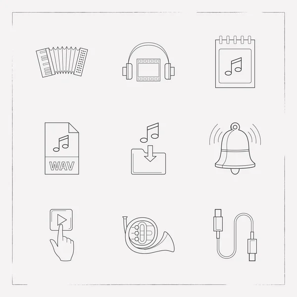 Conjunto de símbolos de estilo de linha de ícones de melodia com download de música, sino, cabo e outros ícones para o design do logotipo do seu aplicativo móvel web . —  Vetores de Stock