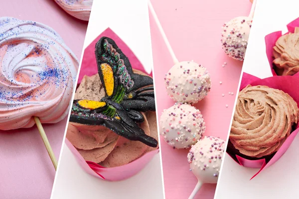 Collage van desserts: meringues, cupcakes en gebak. Mooie — Stockfoto