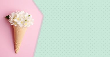 Yasemin çiçekli pankart dizaynlı gözleme külahı. Pastel renkler. Yaz satış konsepti.