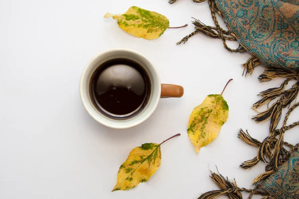 Apartamento Outono Põe Com Café Folhas Caídas Lenço Humor Acolhedor — Fotografia de Stock