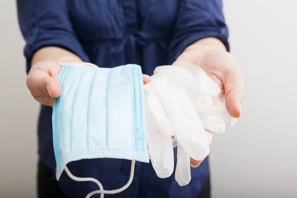 Medical Mask Gloves Held Female Hand Quarantine Protect Concept — Stock Photo, Image